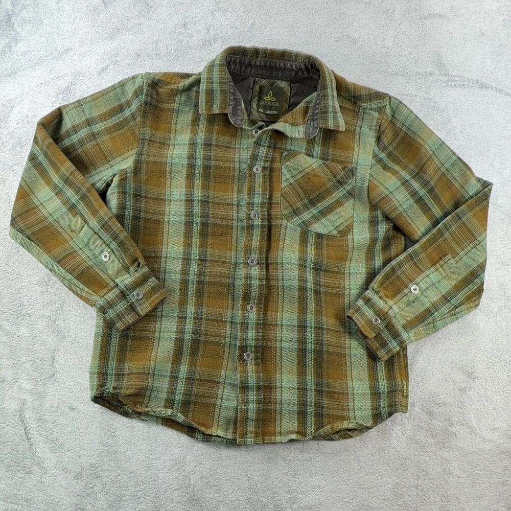 prAna Womens Long Sleeve Button Up Shirt Small Brown Plaid Cotton Blend Outdoor